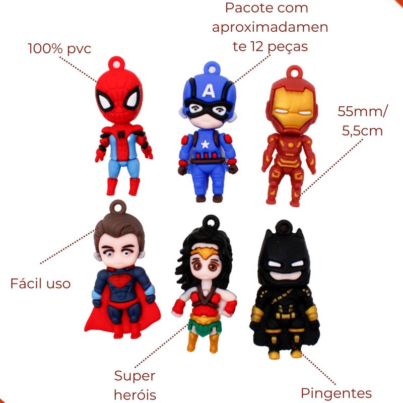 KIT-PINGENTE-SUPER-HEROIS-55MM-EMBORRACHADO-COM-12-PECAS---COLORIDO