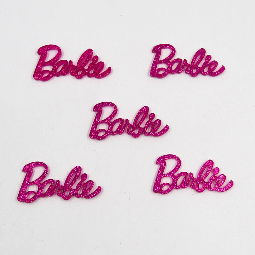 APLIQUE-LOGO-BARBIE-50X25MM-EM-ACRILICO-COM-50-PECAS---110TI---GLITTER-ROSA