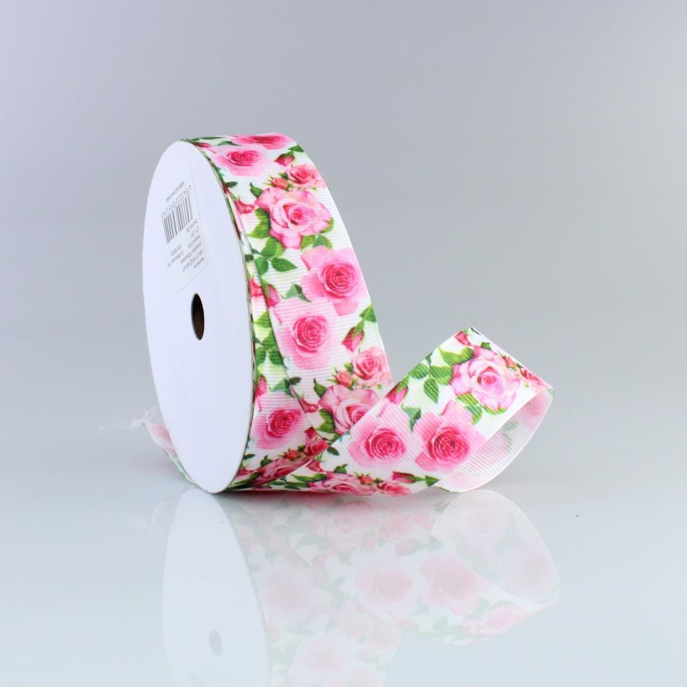 FITA-GORGURAO-ESTAMPAS-VARIADAS-25MM-COM-18-METROS-039RE---FLOR-ROSA-FUNDO-OFF