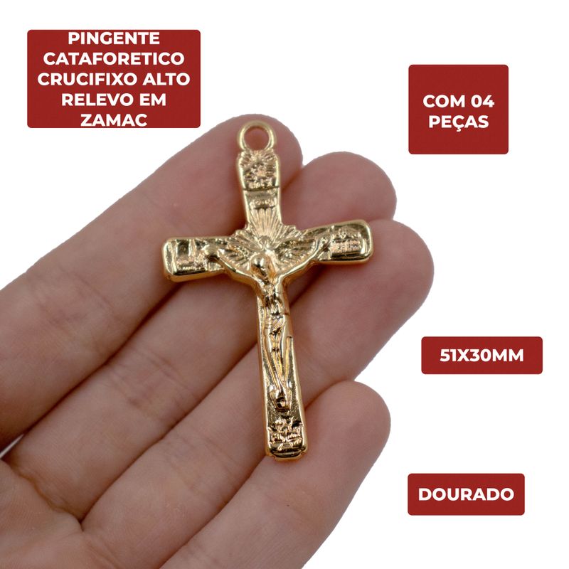 PINGENTE-CATAFORETICO-CRUCIFIXO-ALTO-RELEVO-51X30MM-EM-ZAMAC-COM-04-PECAS---DOURADO