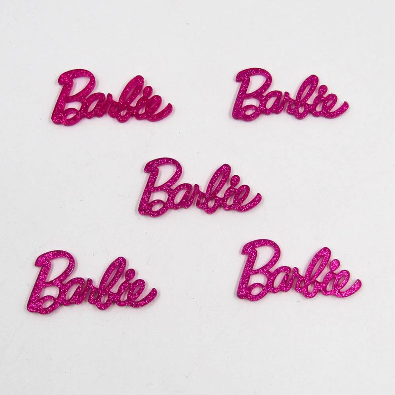 APLIQUE-LOGO-BARBIE-50X25MM-EM-ACRILICO-COM-5-PECAS---110TI---GLITTER-ROSA