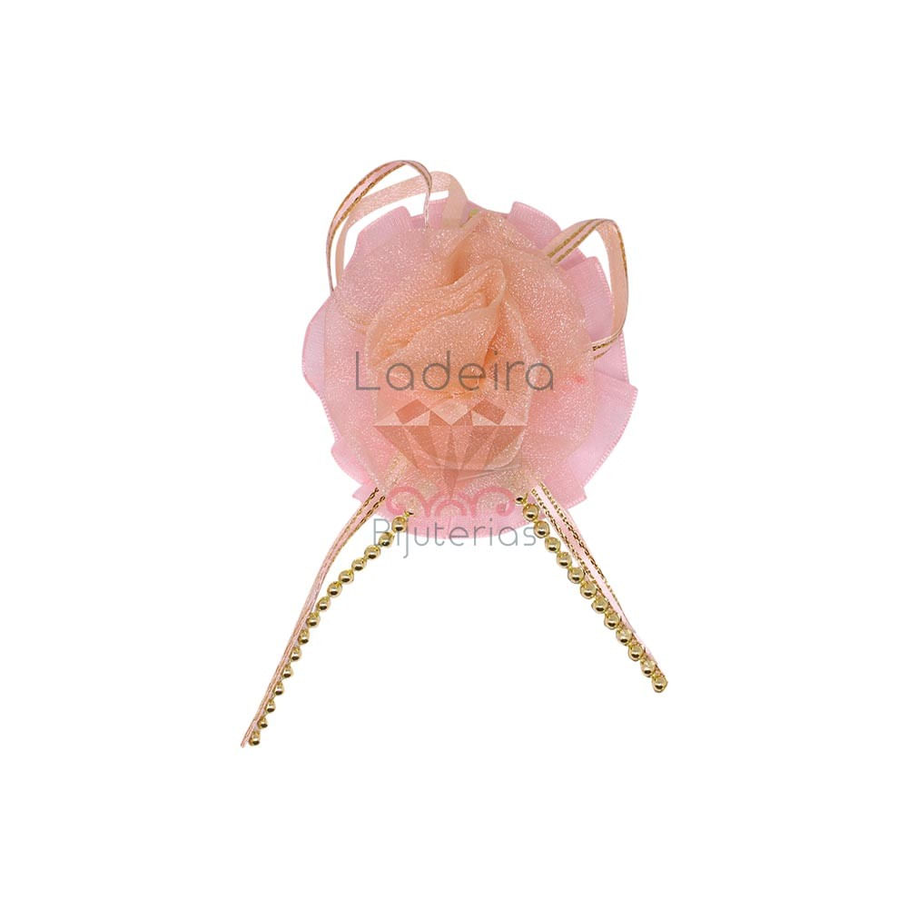 FLOR ROSA DE ORGANZA COM PINGENTE 7CM - 50PÇS
