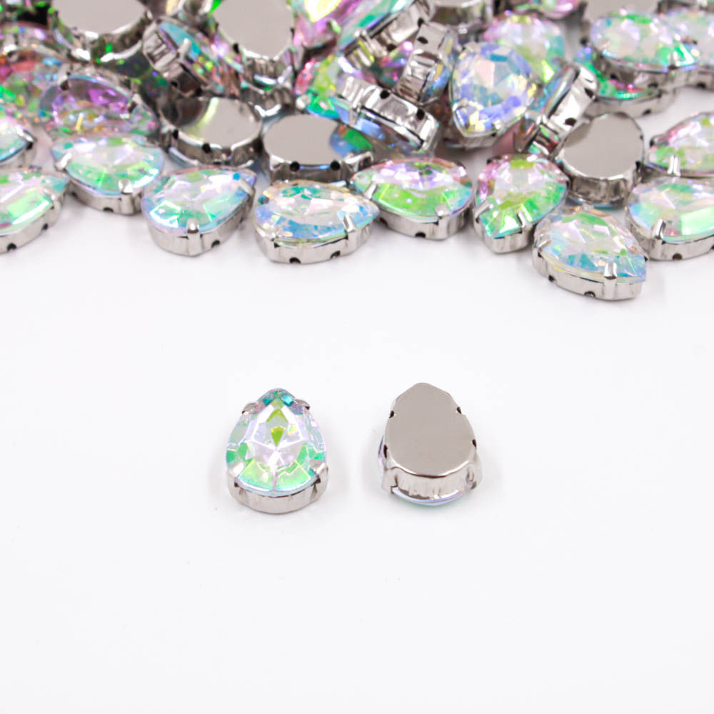 CHATON-ENGRAMPADO-GOTA-10X14MM-EM-METAL-E-ACRILICO-COM-500-PECAS---129KR---NIQUEL-AB-129