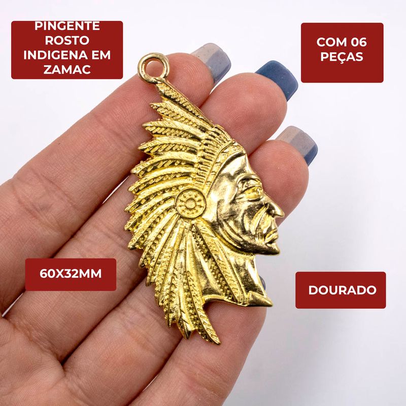 PINGENTE-ROSTO-INDIGENA-60X32MM-EM-ZAMAC-COM-06-PECAS---DOURADO