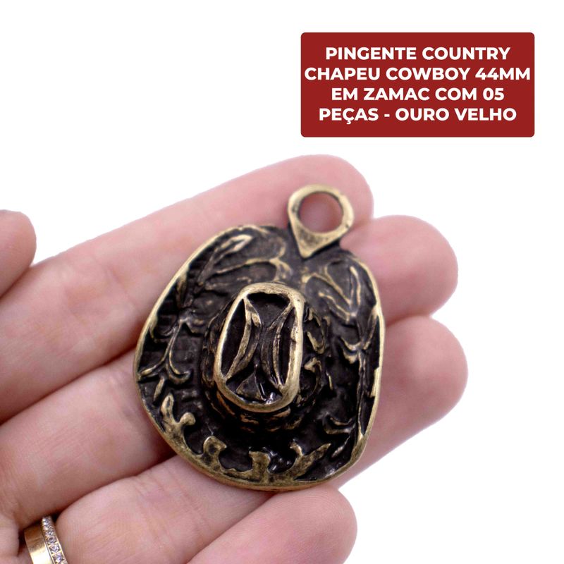 PINGENTE-COUNTRY-CHAPEU-COWBOY-44MM-EM-ZAMAC-COM-05-PECAS---OURO-VELHO
