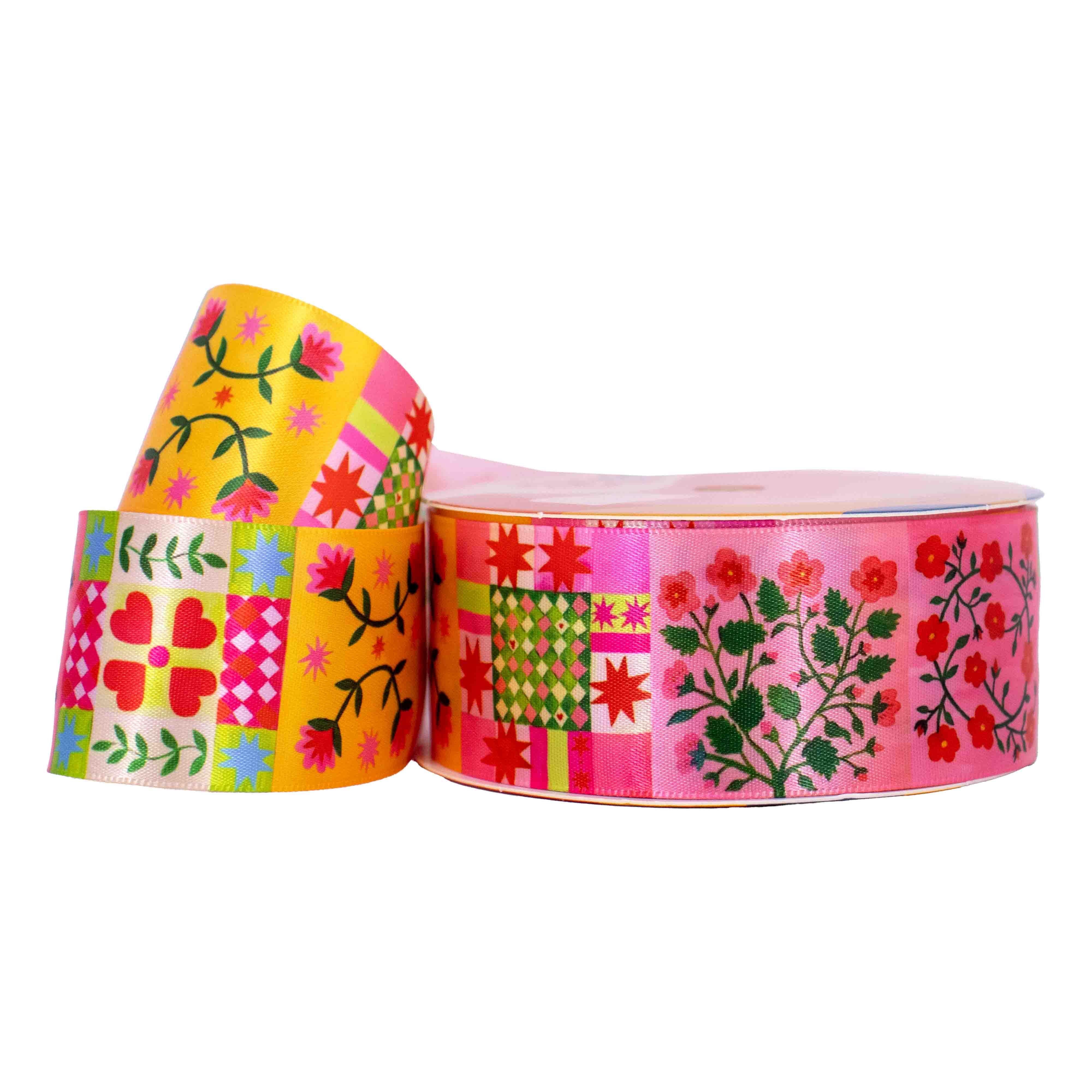 Fita Estamapada Patchwork Floral 38Mm Em Poliester Com 9 Metros
