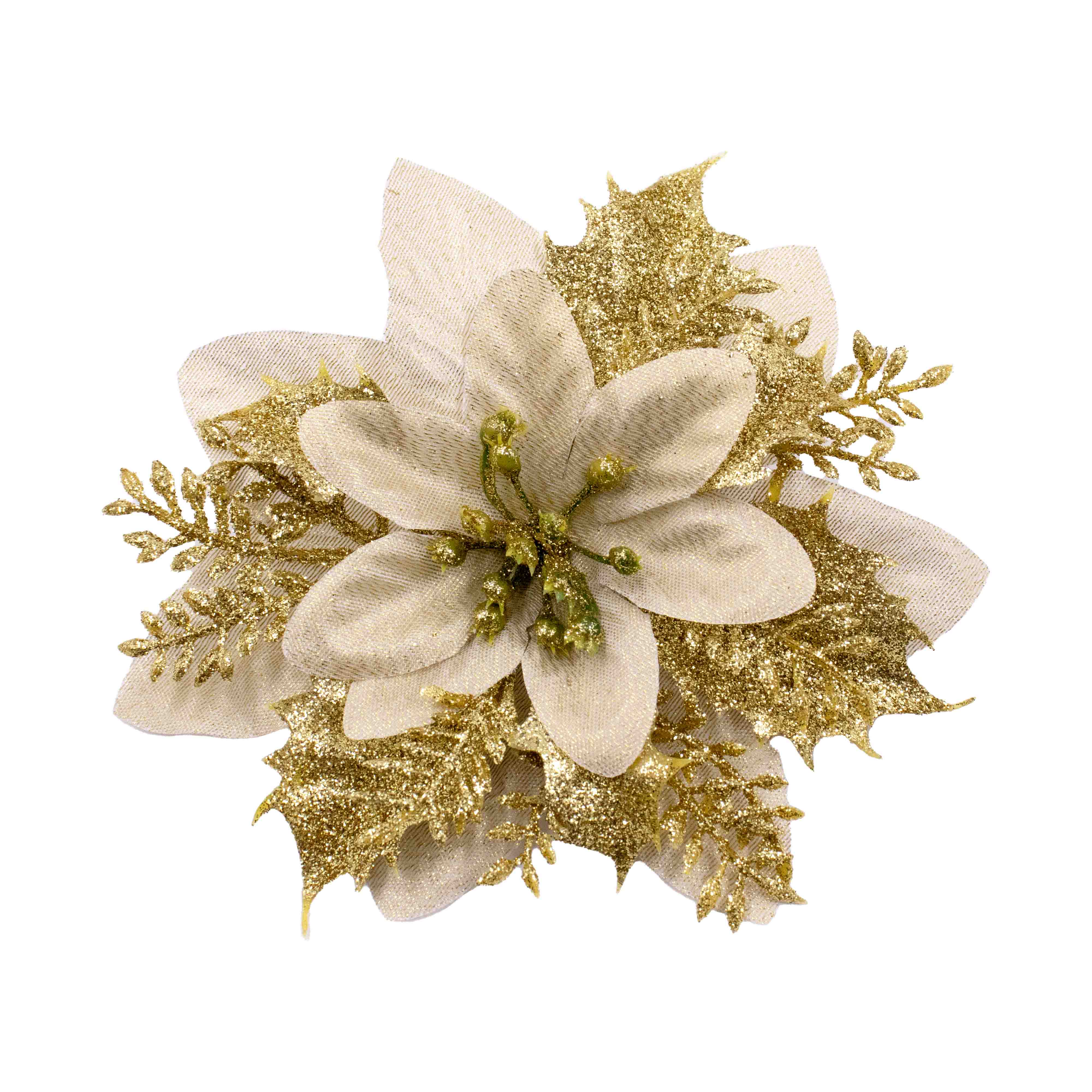 FLOR-POINSETTIA-DE-NATAL-COM-GLITTER-14MM-EM-POLIESTER-COM-12-PECAS---DOURADO
