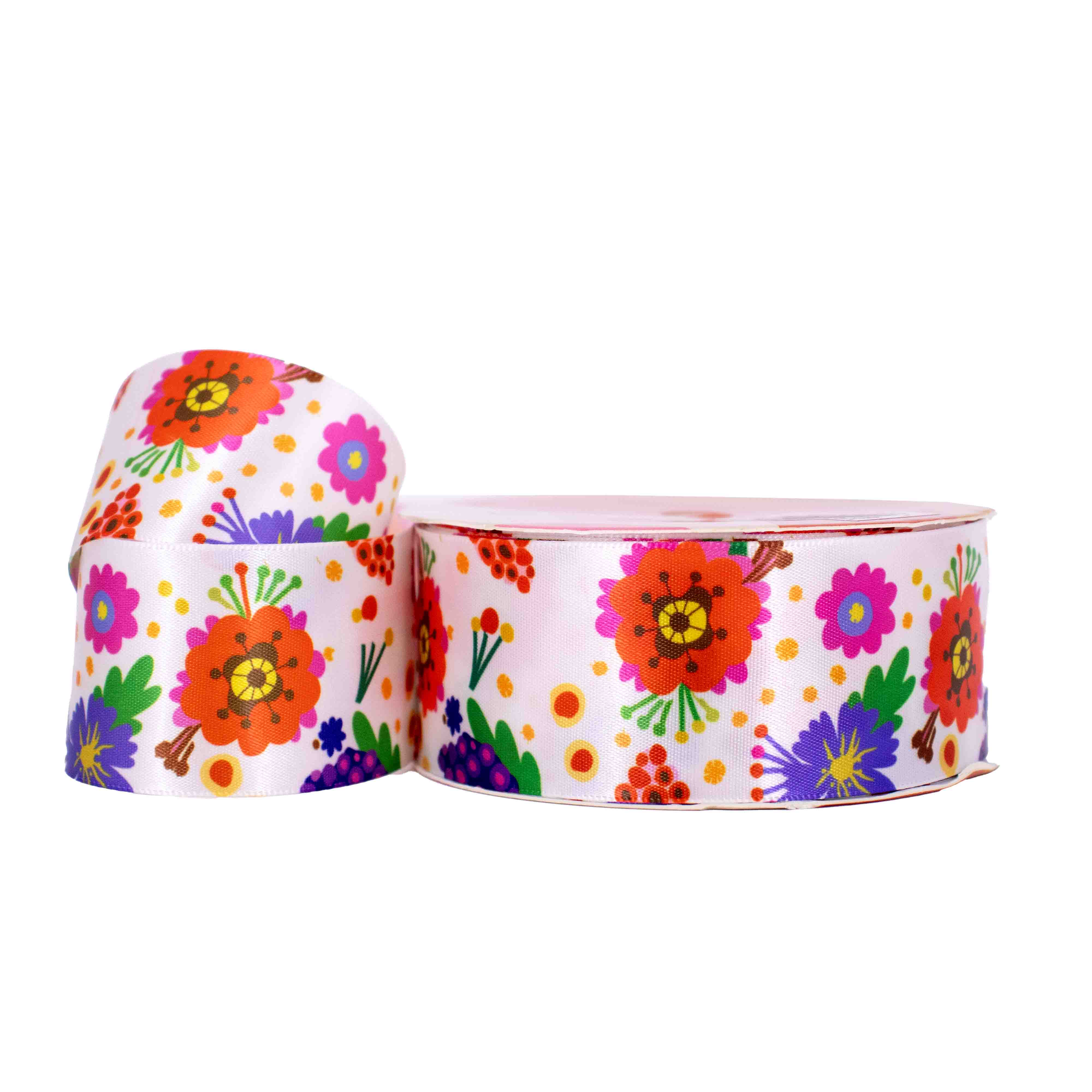 Fita Estampada Flores Diversas 38mm em Poliester com 9 Metros